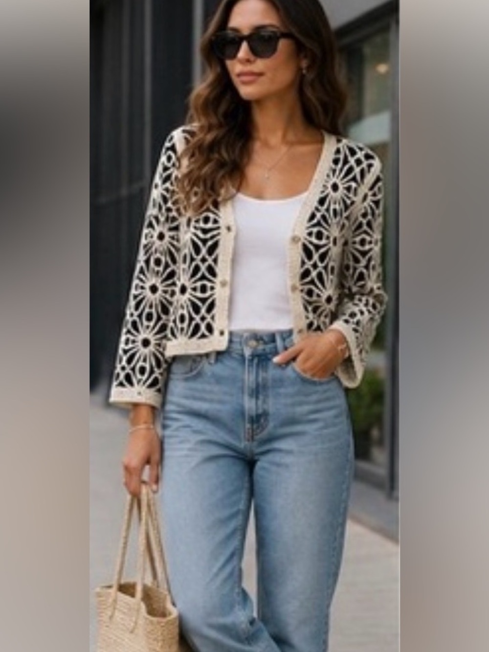Solitaire Cream Crochet Floral Openwork Cardigan